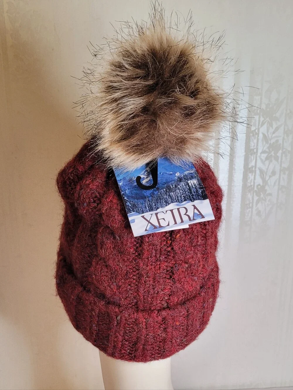 Dark Red Cable Knit Pom-Pom Beanie